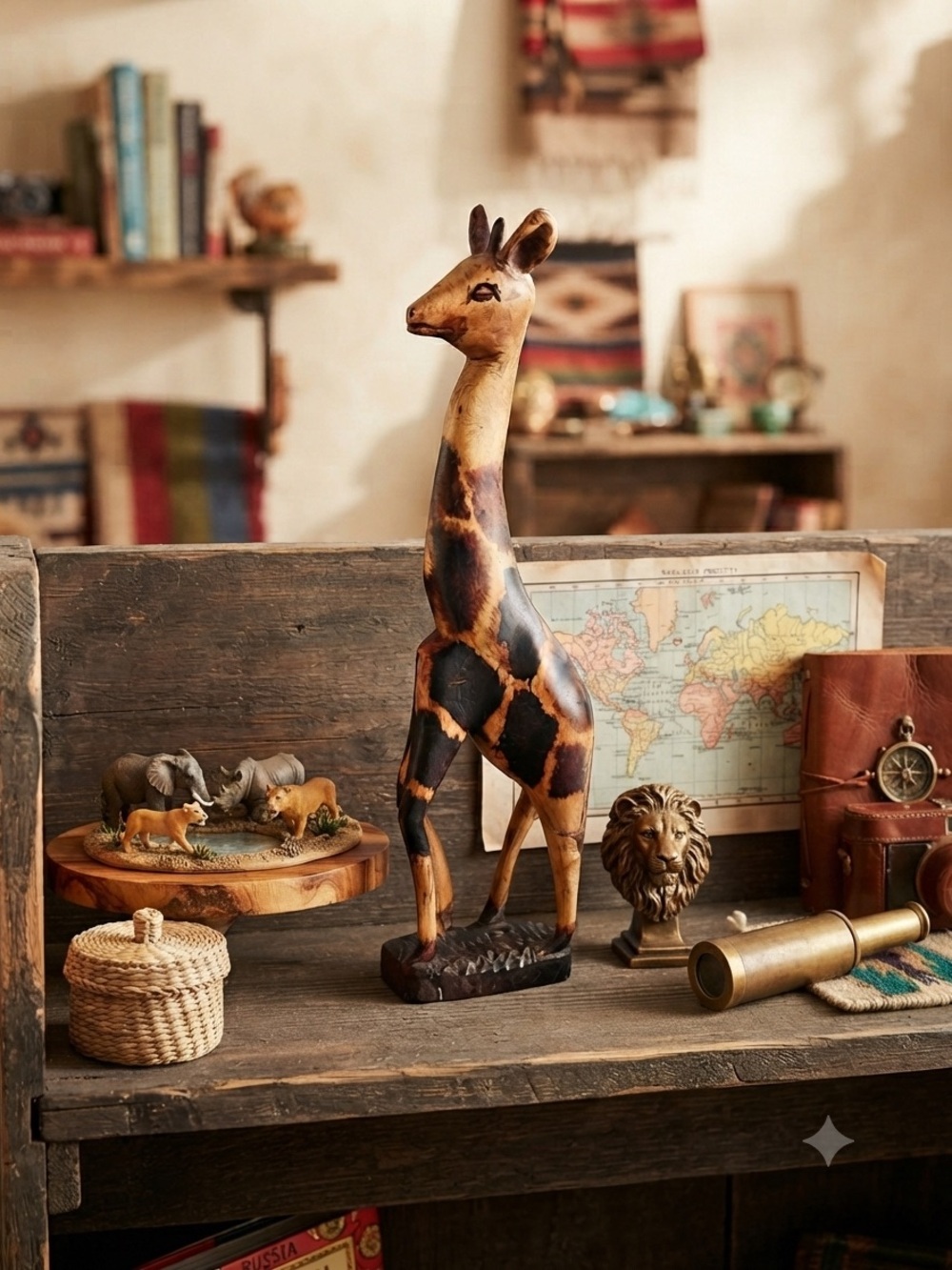 Hand-Carved Wooden Giraffe Sculpture in Brown and Black